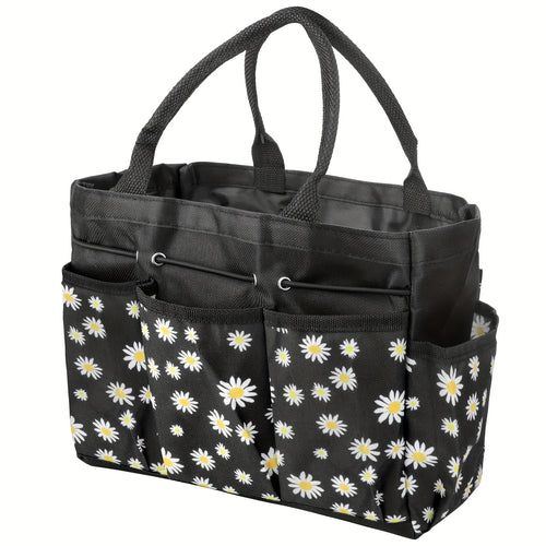 Garden Tool Bag with Handle – Heavy Duty Multi-Pocket Organizer, Large Capacity Tool Storage Carrier Bag for Gardening, Lawn Care, Camping & Outdoor Work, Portable Daisy Pattern Tote (No Tools Included)