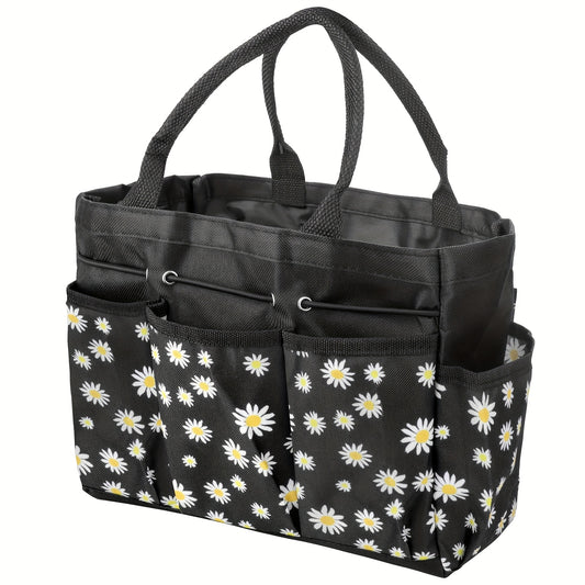 Garden Tool Bag with Handle – Heavy Duty Multi-Pocket Organizer, Large Capacity Tool Storage Carrier Bag for Gardening, Lawn Care, Camping & Outdoor Work, Portable Daisy Pattern Tote (No Tools Included)