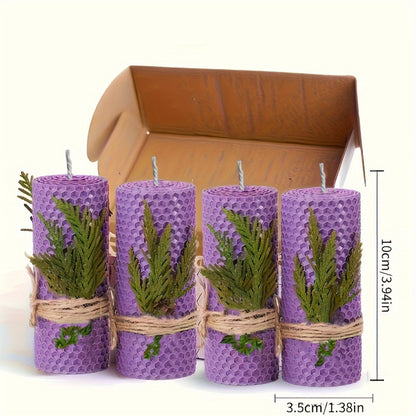 4pcs 100% Beeswax Candles, Gift Box Set of 4 Hand Rolled Pillar Candles for Gift And Home Decor, with Honeycomb Texture for Gift And Candle Decor, Christmas Dinner Candles, Christmas Decorations