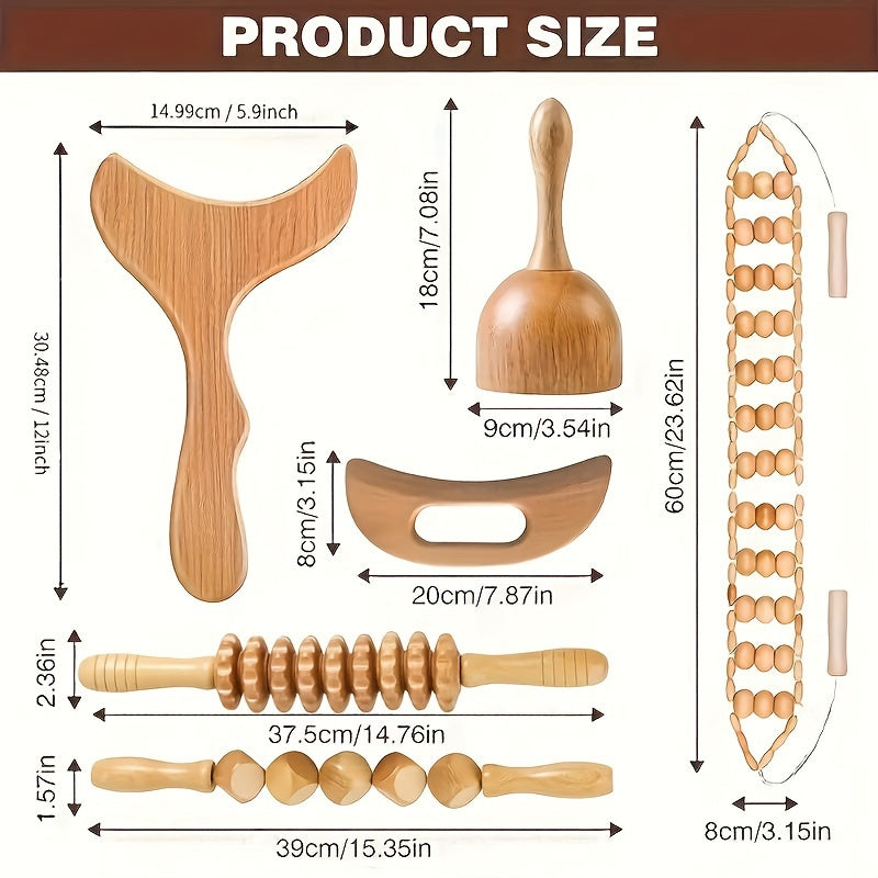 6pcs Wooden Massage Tool Set for Face - Sunhill Manual Facial Massager Kit with Wooden Rollers, Pointed, Bead, and Textured Heads for Full Body Relaxation and Wellness, Massage Tools for Body