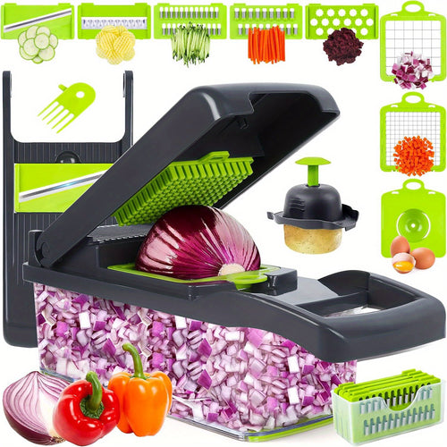 16 - in - 1 Manual Vegetable Chopper Set, with 8 Blades, Container, Grater and Strainer. It's Convenient for Cooking and Is a Professional Slicer for Onions, Carrots and Garlic.