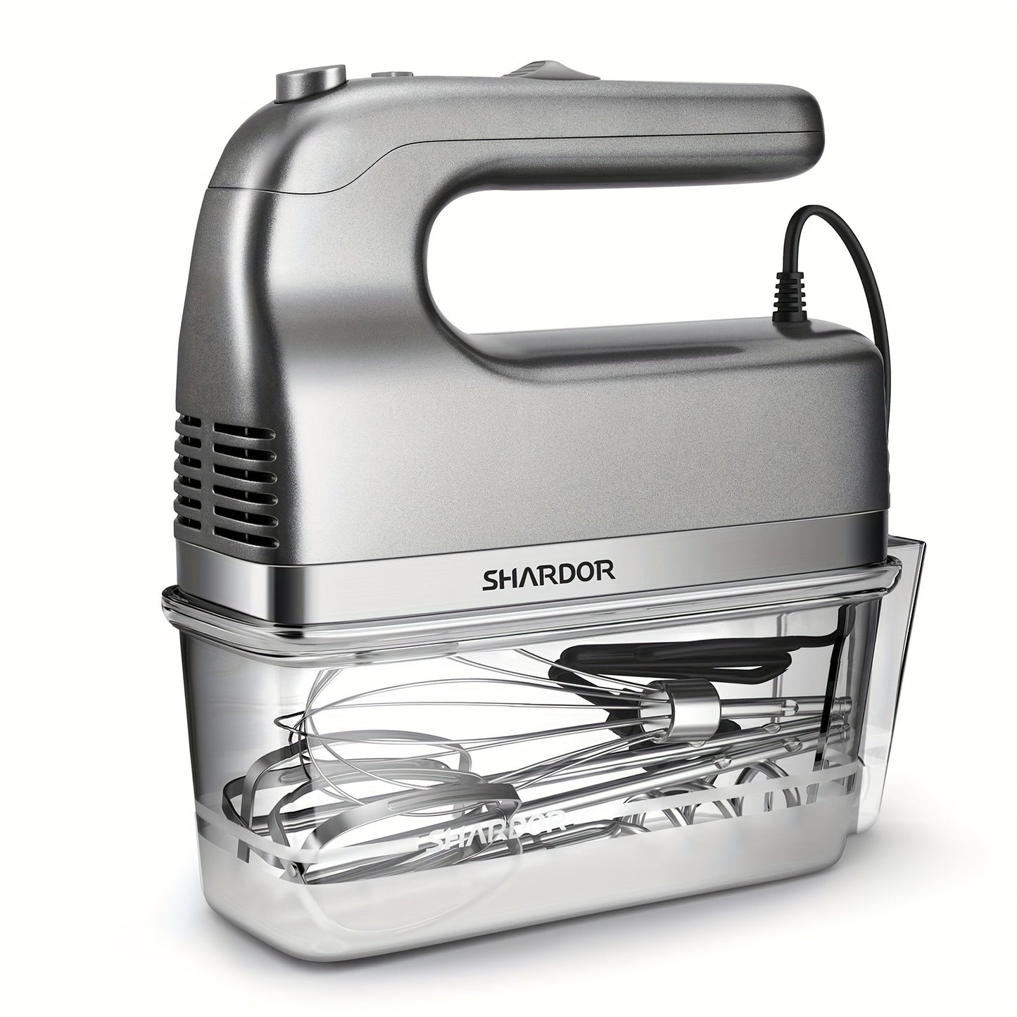 Hand Mixer, Handheld Mixer with Storage Case 5-Speed Plus Turbo Hand Mixer Electric with 5 Stainless Steel Attachments(2 Beaters, 2 Dough Hooks And 1 Whisk), Silver
