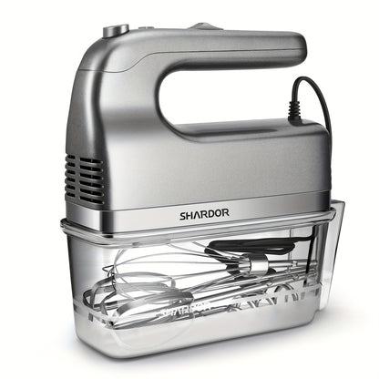 Hand Mixer, Handheld Mixer with Storage Case 5-Speed Plus Turbo Hand Mixer Electric with 5 Stainless Steel Attachments(2 Beaters, 2 Dough Hooks And 1 Whisk), Silver