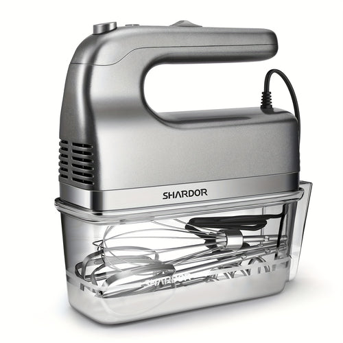 Hand Mixer, Handheld Mixer with Storage Case 5-Speed Plus Turbo Hand Mixer Electric with 5 Stainless Steel Attachments(2 Beaters, 2 Dough Hooks And 1 Whisk), Silver