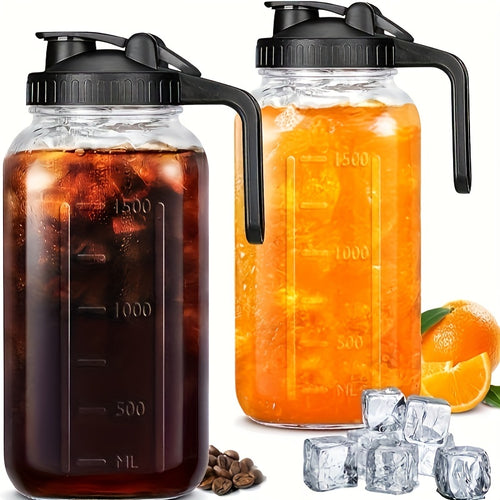 2/3 pcs 64oz Mason Jars with Lid, Glass Pitcher Double Leak Proof with Pour Spout Handle, 2 Quart Wide Mouth Breast Milk Pitcher for Fridge, Creamer Container for Coffee, Sun Tea