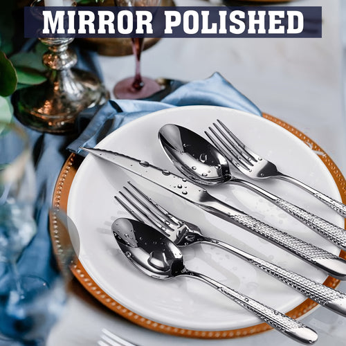 Stainless Steel Flatware Utensil Set With Ultra Sharp 2-IN-1 Serrated Knife, 40/48pcs Modern Hammered Silverware Set For 8, Mirror Polished, And Dishwasher Safe
