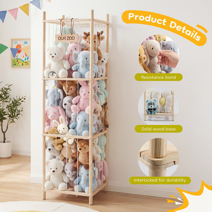 Large Stuffed Animal Storage Organizer for Kids, Wooden Storage Holder, Space Saving Zoo for Playroom, Bedroom, Nursery & Kids Room