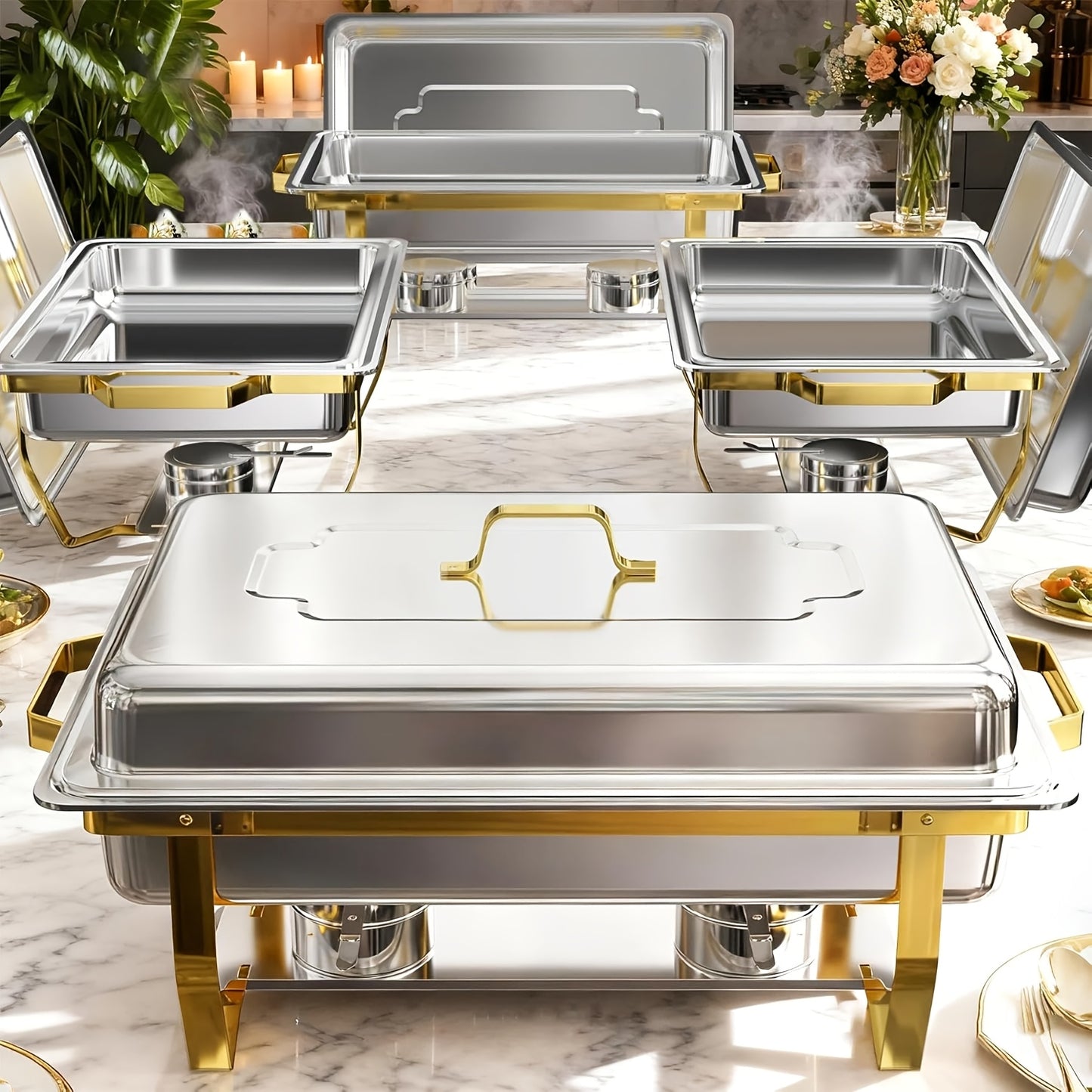 6/9QT Chafing Dishes For Buffet, 1/2/4/6 Pack Round Chafing Dish Buffet Set, High Grade Stainless Steel Buffet Food Warmers Sets For Catering Events Parties Dinners With Complete Set, Golden And Silver, Only For Cooking