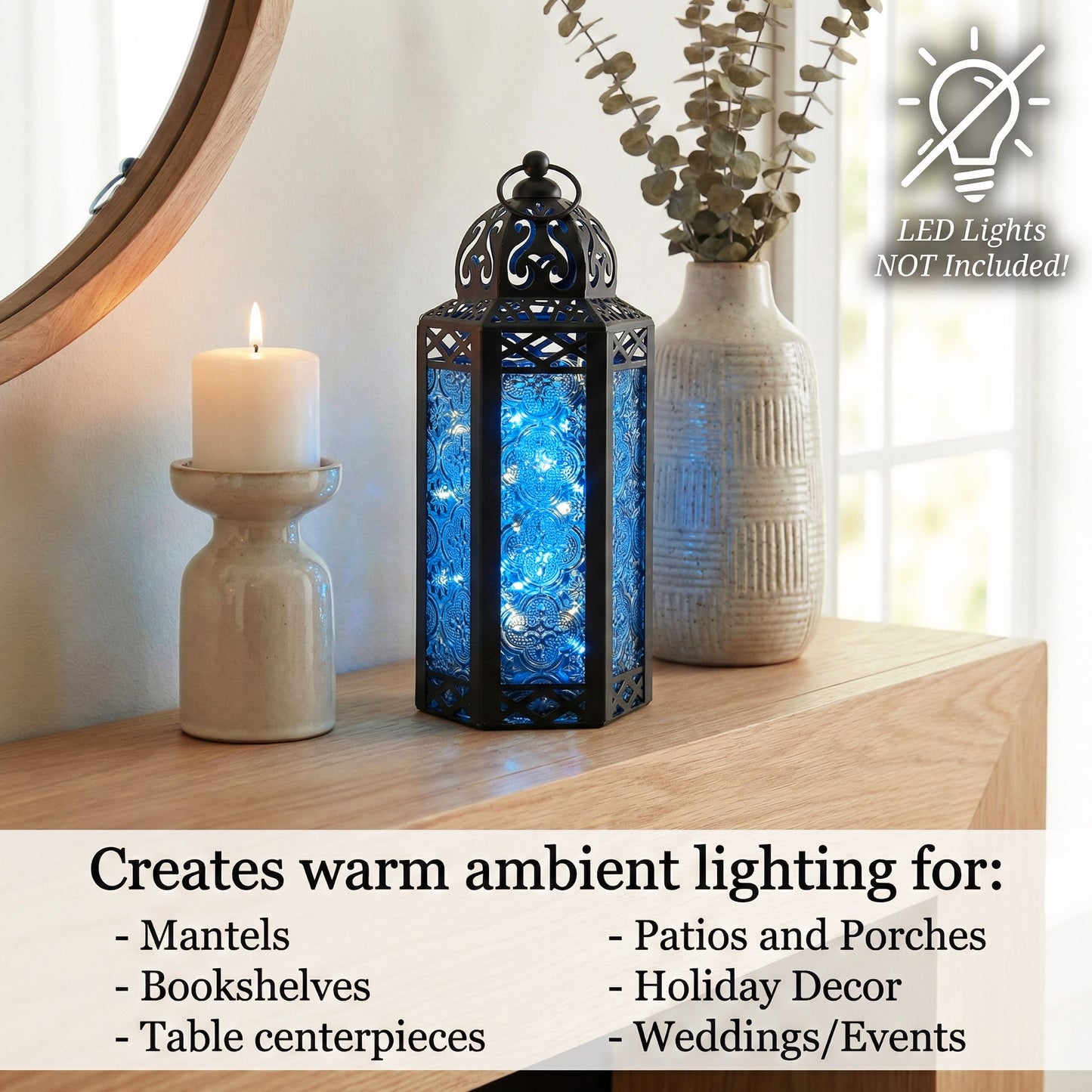 Moroccan Candle Lantern Holder - Decorative Metal & Glass Lantern with Embossed Floral Design for Indoor Home Decor, Garden, Patio, Weddings, Ramadan, Halloween & Holiday Celebrations - 10.5" Tall Medium Size
