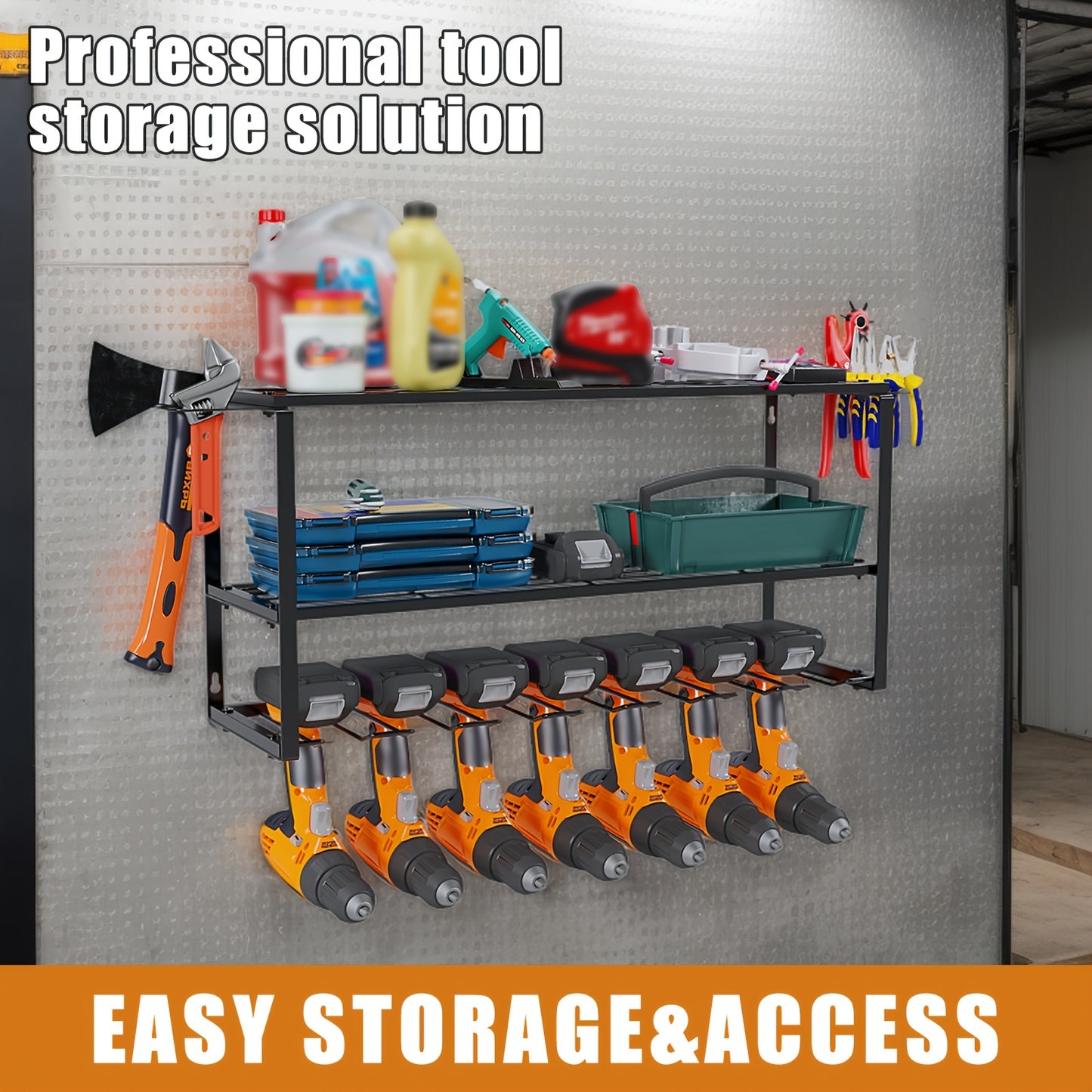 Wall Mount Power Tool Storage Rack, Heavy-Duty 150 Lb Steel 3-Tier & 4-Tier Garage Tool Organizer with 7 Bit Holders – Workshop Shed Basement Wall Storage