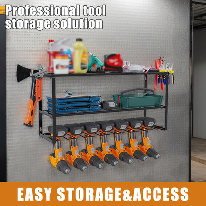 Wall Mount Power Tool Storage Rack, Heavy-Duty 150 Lb Steel 3-Tier & 4-Tier Garage Tool Organizer with 7 Bit Holders – Workshop Shed Basement Wall Storage