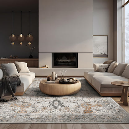 Vintage Chenille Area Rug Non-Slip Machine Washable – Retro Print Lightweight Carpet for Living Room, Bedroom, Dining Area & Home Office – Light Taupe Brown, 8 Sizes