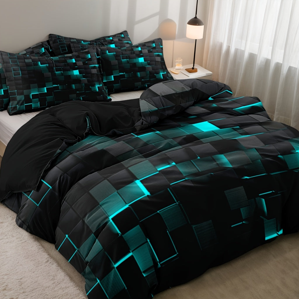 3D Geometric Cube Design Quilt Cover Set | 3-Piece Polyester Bedding | Black & Blue Grid Print | All-Season Soft Cover | 1 Duvet Cover + 2 Pillowcases | Machine Washable