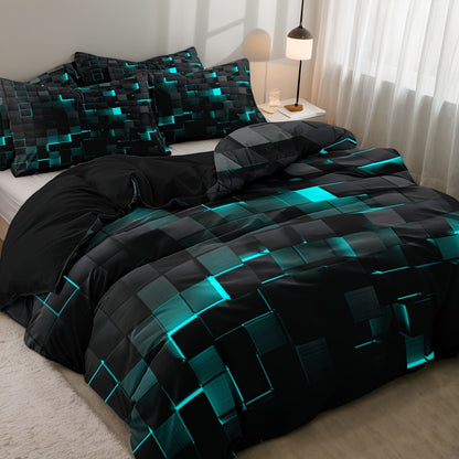3D Geometric Cube Design Quilt Cover Set | 3-Piece Polyester Bedding | Black & Blue Grid Print | All-Season Soft Cover | 1 Duvet Cover + 2 Pillowcases | Machine Washable