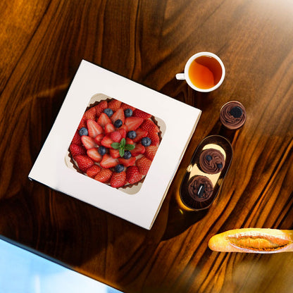 WHONLINE 10 Sets Cake Boxes, Party Gift Box Packaging, 10x10x5 Inches, White Square Bakery Boxes with Window, Large Cake Boxes with Red Ribbons And 10pcs 10 Inches Round Cake Boards, for Birthday Party, Wedding And Father's Day