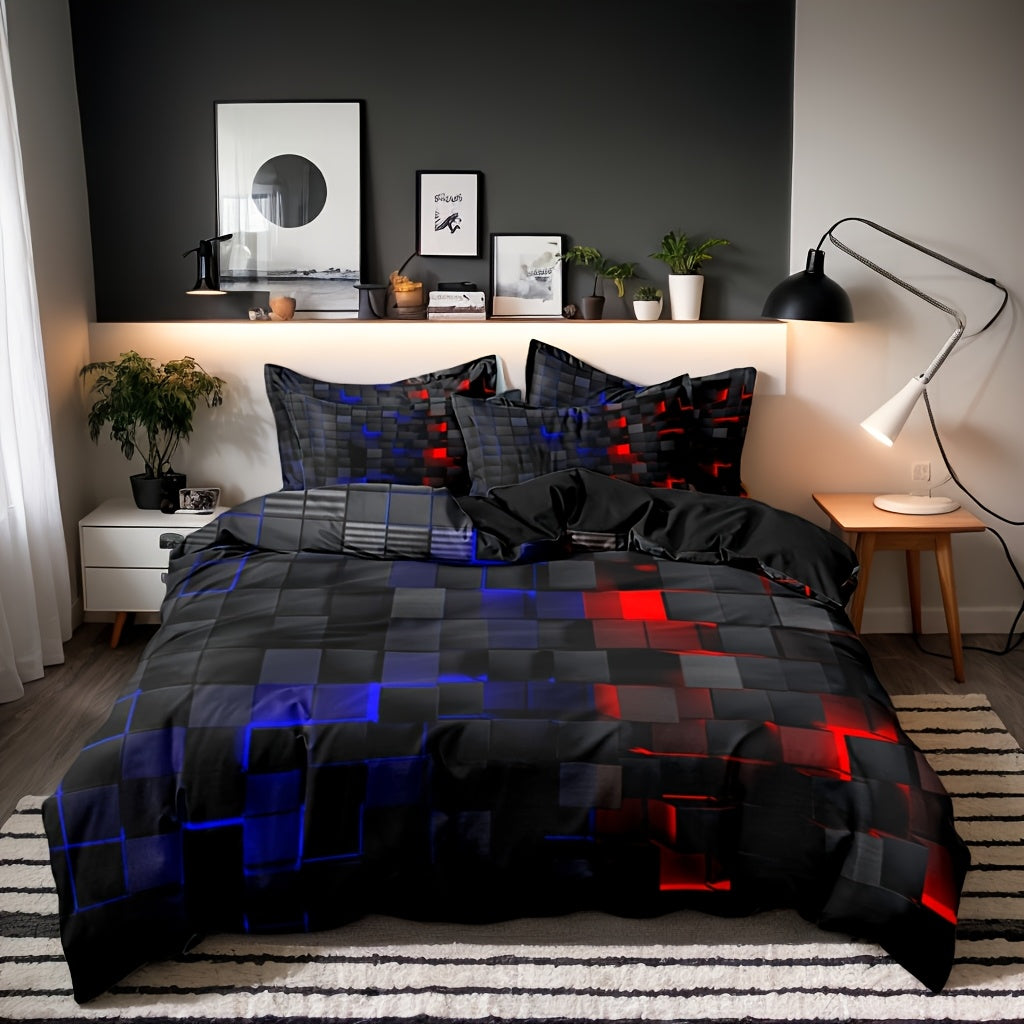 3D Geometric Cube Design Quilt Cover Set | 3-Piece Polyester Bedding | Black & Blue Grid Print | All-Season Soft Cover | 1 Duvet Cover + 2 Pillowcases | Machine Washable