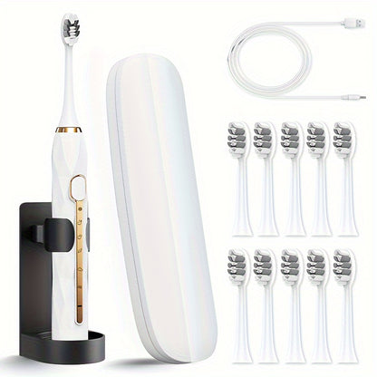 Sonic Electric Toothbrush IPX8 Waterproof USB Rechargeable with 10 Replacement Heads, Intelligent Timer, Travel Case & Charging Base – 5 Colors for Men & Women