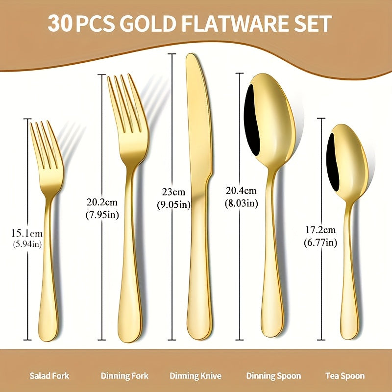 30pcs Golden Stainless Steel Silverware with Gift Box Set, 6 People Golden Knives, Forks And Spoons Flatware Set, Mirror Polishing, Exquisite Wooden Box Packaging, Ideal for Business Gifts, Weddings, Celebrations, Banquets