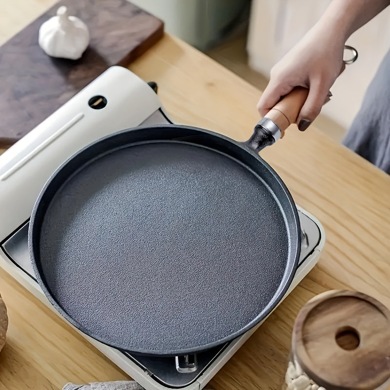 1pc Mini Cast Iron Non-Stick Frying Pan with Wooden Handle - 4.7 Inch Compact Size for Omelets, Pancakes, Crepes - Even Heat Distribution & Durable Kitchen Cookware Essential