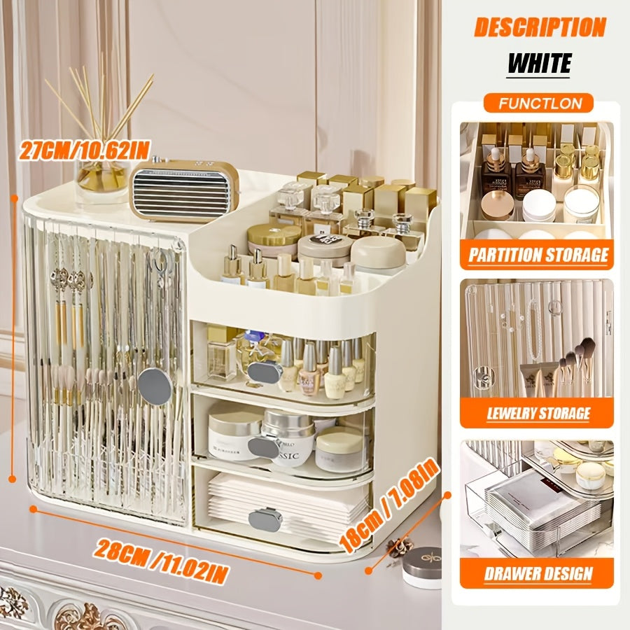 Makeup Organizer with 3 Drawers and Mirror - Large Capacity Cosmetic Storage Box Vanity Organizer for Skincare Contact Lens Display Case Bathroom Counter Organizer | Transparent Black Cream White