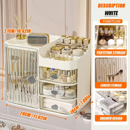 Makeup Organizer with 3 Drawers and Mirror - Large Capacity Cosmetic Storage Box Vanity Organizer for Skincare Contact Lens Display Case Bathroom Counter Organizer | Transparent Black Cream White