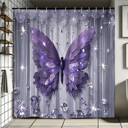 1pc/4pcs Diamond Butterfly Print Bath Curtain Set, Non-slip Bathroom, U-shaped, Toilet Seat Cover, Machine-washable Nylon Bath Curtain With 12 Durable Hooks 70.8x70.8 Inches, Bathroom Decorations And Accessories, Suitable For All Season