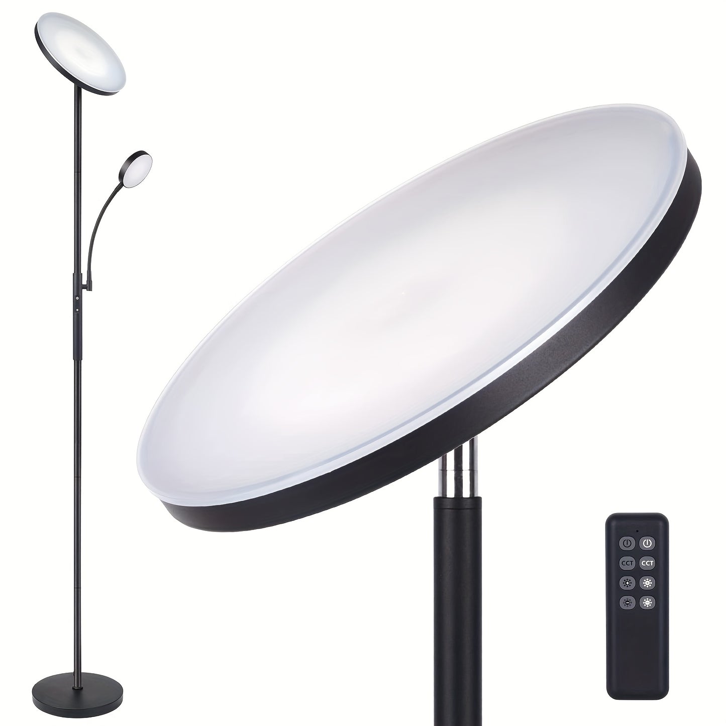 Dual-Function LED Floor Lamp, Featuring a 27W/2300LM Main Light And a 7W/350LM Reading Light, with Four Adjustable Color Temperatures. This Dimmable Torchiere Standing Lamp Includes Remote And Touch Control, Suitable for Home And Office Use
