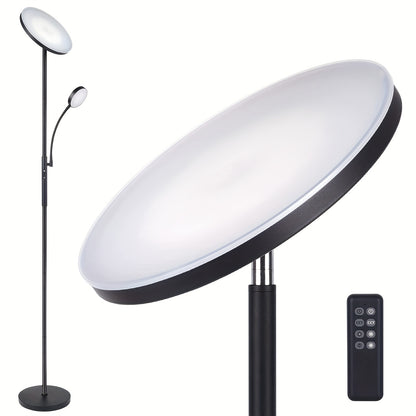 Dual-Function LED Floor Lamp, Featuring a 27W/2300LM Main Light And a 7W/350LM Reading Light, with Four Adjustable Color Temperatures. This Dimmable Torchiere Standing Lamp Includes Remote And Touch Control, Suitable for Home And Office Use