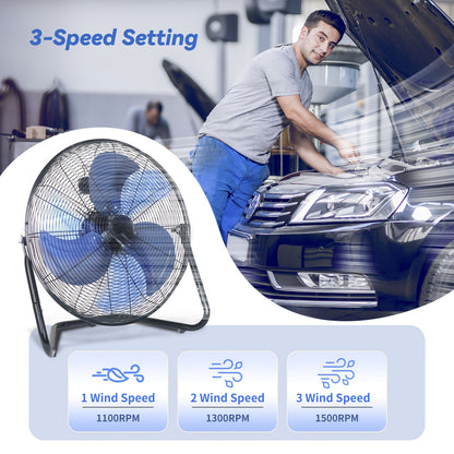 4/9/14/20 Inch High Velocity Industrial Floor Fan, 3-Speed Heavy Duty Metal Cradle Floor Fans with 360° Tilt for Warehouse, Workshop, Garage, Factory And Basement, Black & Blue