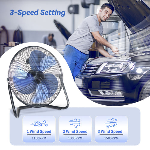 4/9/14/20 Inch High Velocity Industrial Floor Fan, 3-Speed Heavy Duty Metal Cradle Floor Fans with 360° Tilt for Warehouse, Workshop, Garage, Factory And Basement, Black & Blue