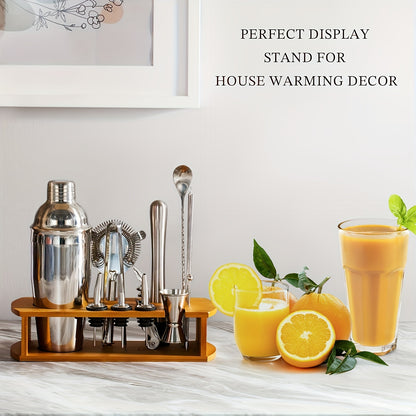 Cocktail Shaker Set Bartender Kit with Stand | Bar Set Drink Mixer Set with All Essential Accessory Tools: Martini Shaker, Jigger, Strainer, Mixer Spoon, Muddler, Liquor Pourers |Silvery