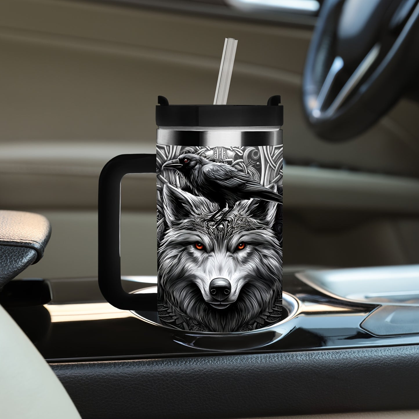 1pc 40oz Viking Wolf Raven 40oz Tumbler with Handle, Norse Mythology Celtic Knot Stainless Steel Insulated Travel Mug, Gifts for Viking Lovers