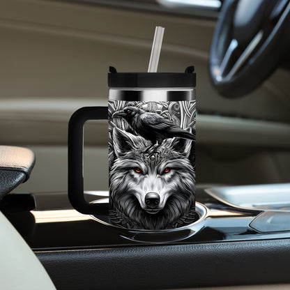1pc 40oz Viking Wolf Raven 40oz Tumbler with Handle, Norse Mythology Celtic Knot Stainless Steel Insulated Travel Mug, Gifts for Viking Lovers