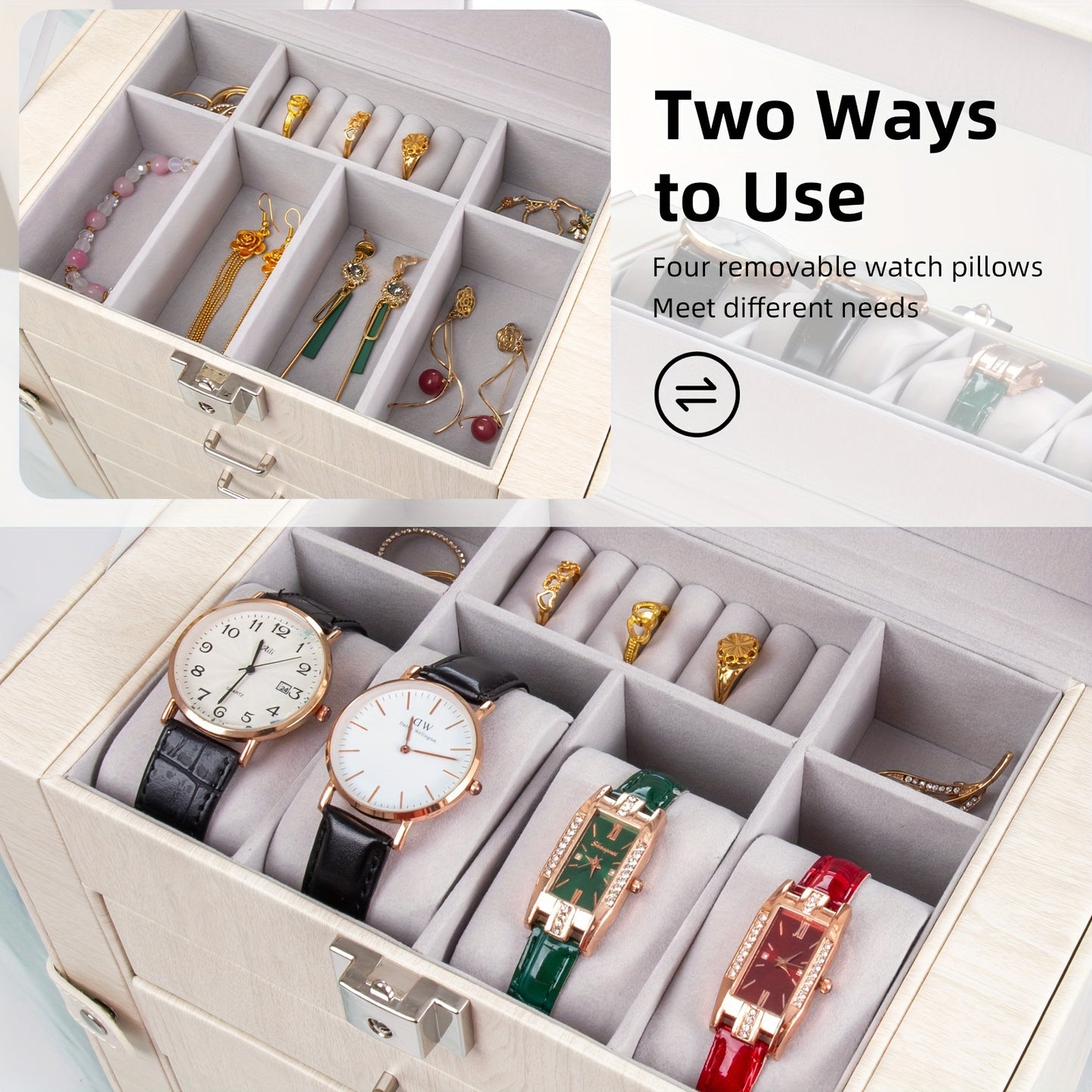 Large Jewelry Box, 5-Tier PU Leather Jewelry Organizer with Lock, Multi-Functional Storage Case with Mirror, Jewelry Organizer for Bracelets, Earrings, Rings, Necklaces, Mother'S Day, Jewelry Boxes