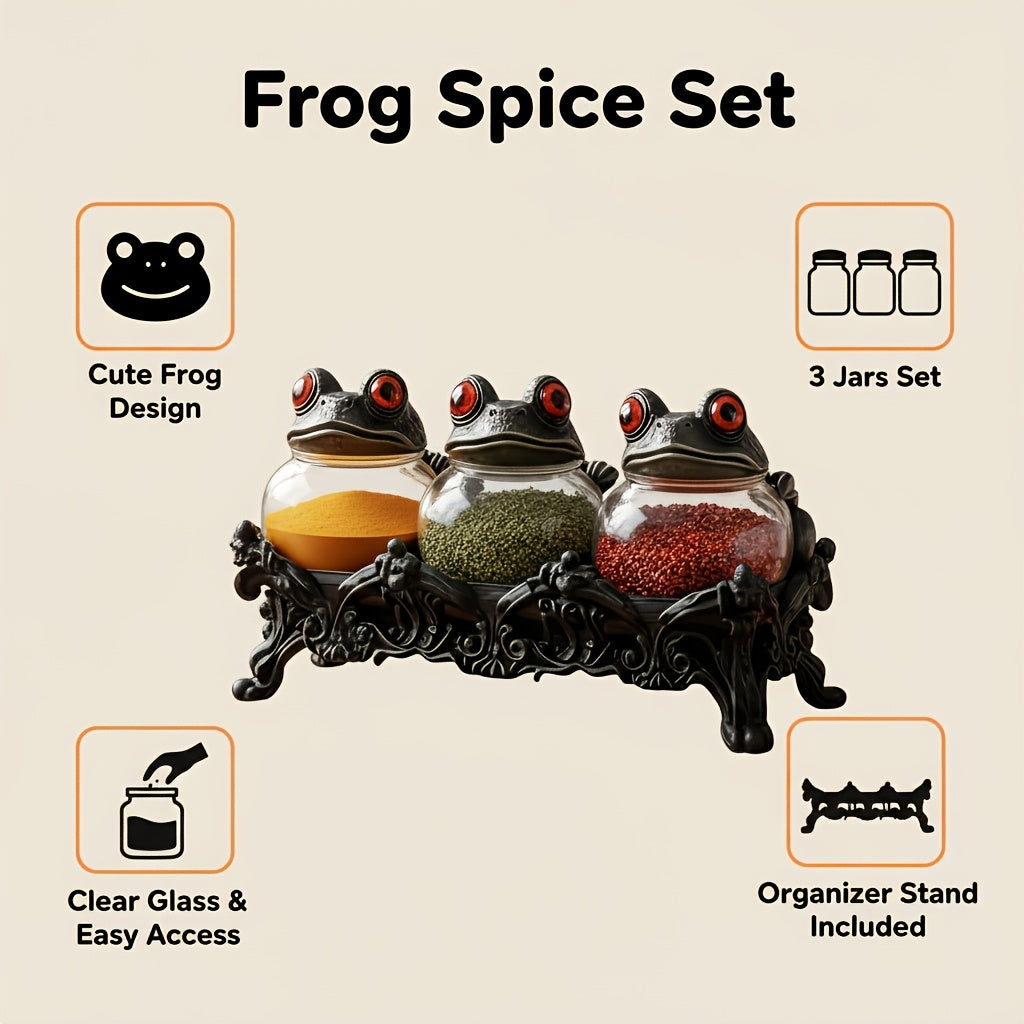 Gothic Witch Frog Spice Jars Set of 3 with Engraved Bases & Spoon – Vintage Pharmacist Jars with Frog Lids for Dark Kitchen Decor, Halloween Herb Storage