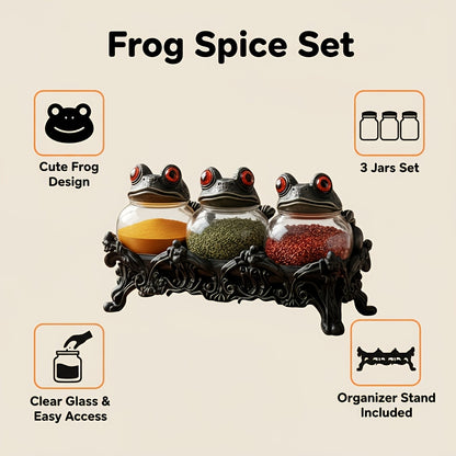 Gothic Witch Frog Spice Jars Set of 3 with Engraved Bases & Spoon – Vintage Pharmacist Jars with Frog Lids for Dark Kitchen Decor, Halloween Herb Storage