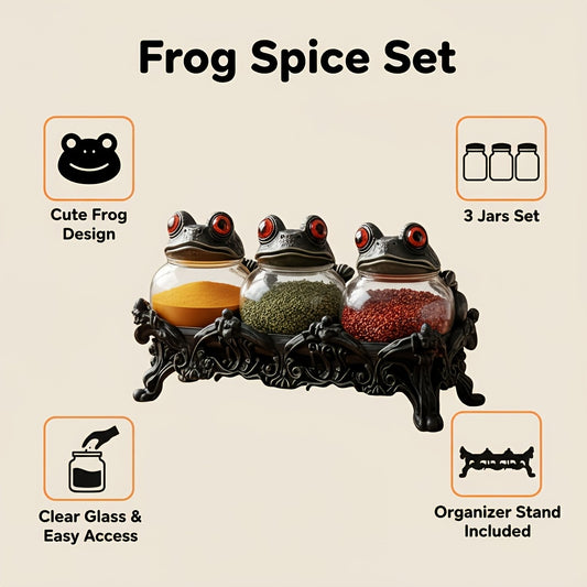 Gothic Witch Frog Spice Jars Set of 3 with Engraved Bases & Spoon – Vintage Pharmacist Jars with Frog Lids for Dark Kitchen Decor, Halloween Herb Storage