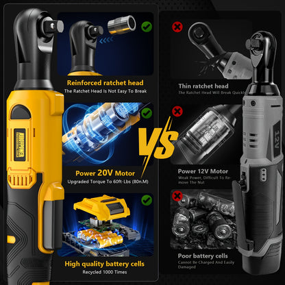 3/8" Cordless Ratchet Wrench Set, 60FT-LBS (80N.m) Electric Ratchet, 2 X 20V Chargeable Power Ratchet Wrench With Variable Speed, LED Light, 6 Sockets, 1/4" Adapter, 3" Extension Rod