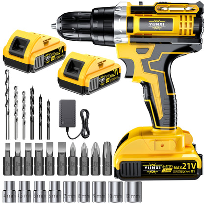 21V Cordless Impact Drill Set (2.0AH Battery and Fast Charging), Optional Drill Set and Storage Box, Equipped with Drill and Electric Screwdriver, with Work Light, Speed and Torque Adjustment - Suitable for Car and Home Maintenance | Men's Gift
