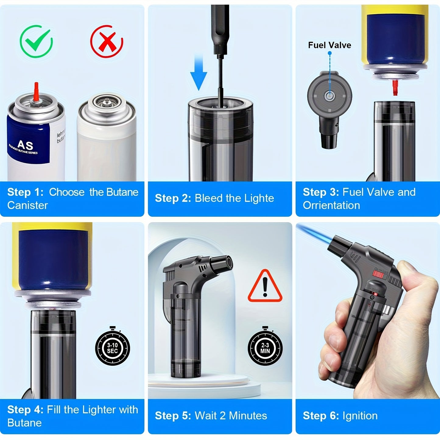 Butane Torch Lighter 6pcs Big Jet Flame Refillable & Adjustable Mini Blow Torch - Gift Box Set for Camping, Grill, BBQ, Culinary, Soldering & Welding | Butane Not Included