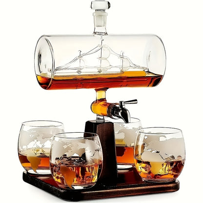 A Set Of Wine Utensils, Including 1 Decanter 44oz/1300ml, 4 Cups 10oz/300ml, And 1 Wooden Frame, Smooth Sailing Faucet Bottle Set, Boat Shaped Shaker, Cool Wine Dispenser, Suitable for Family Bars, Unique Birthday Gifts