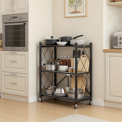 3/4/5-Tier Portable Multifunctional Storage Rack, Floor-Standing Storage Rack with Lockable Wheels, Space-Saving, No Assembly, Foldable Storage Shelf with Durable Carbon Steel Frame for Bedroom, Balcony, Garden, Standing Shelf