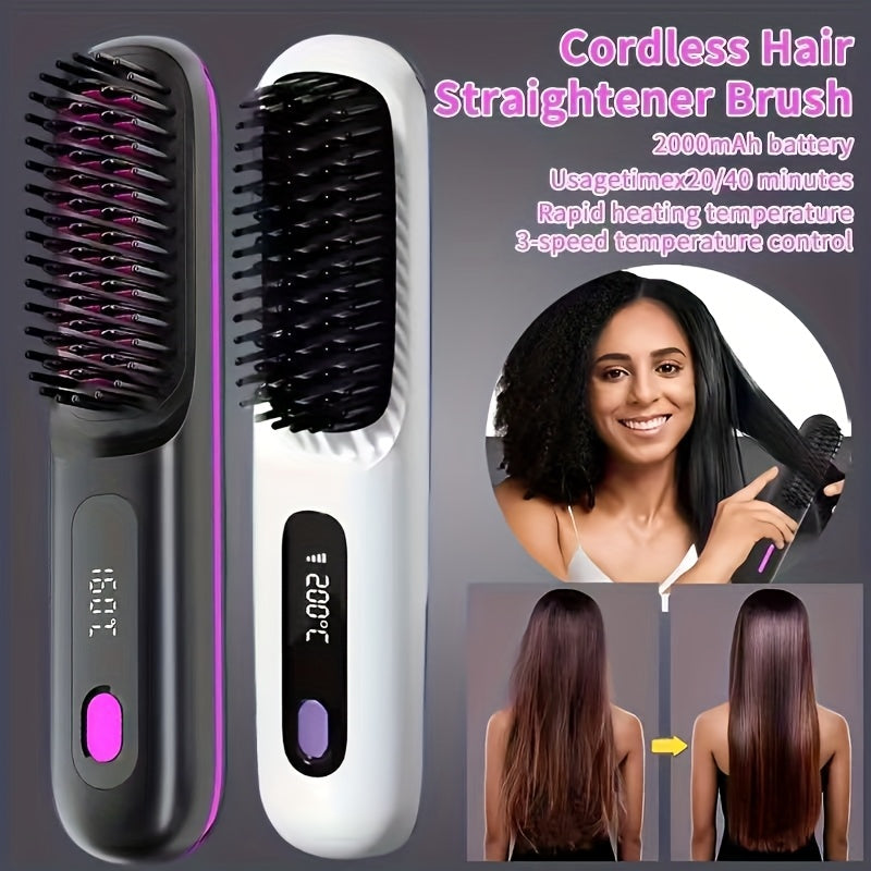 [USB Charging, Travel] Portable Wireless Hair Straightener Comb | USB Charging, 3-Speed Temperature Control, Negative Ion Technology, Long-Lasting Luster, LED Display, Lightweight, Perfect For Travel, Includes Comb And Clip