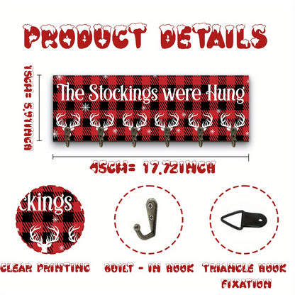 A Single Christmas Stocking Holder Featuring Six Hooks, Designed to Hang Stockings on a Wooden Sign. This Decorative Wall Hook Rack Is Perfect for Mantels, Showcasing The Phrase 'The Stockings Were Hung' in a Snowflake Design