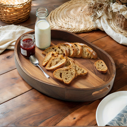 Acacia Wood Serving Tray With Handles - 16.5"x13" Round, Decorative Ottoman Tray For Living Room, Coffee Table, Breakfast In Bed, Candle Display, Great For Hollowen Gift, Large Livingroom Center Table Serving Tray, Home Control Tissue Organizer