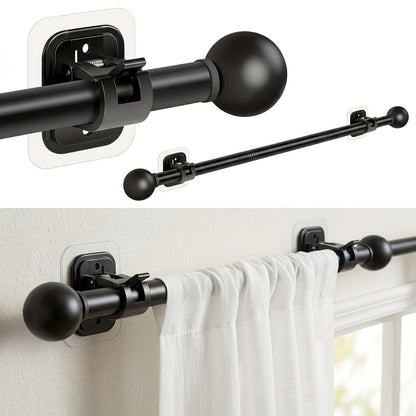 Curtain Rods No Drilling for Windows Set 32 to 48 Inch, 5/8 Inch Diameter Drapey Pole with No Drill Curtain Rod Brackets, Renter Friendly Cortineros Para Ventanas with Adhesive Holder Hook (Black)