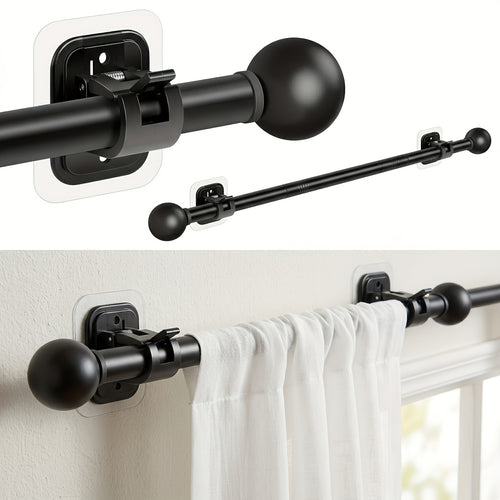 Curtain Rods No Drilling for Windows Set 32 to 48 Inch, 5/8 Inch Diameter Drapey Pole with No Drill Curtain Rod Brackets, Renter Friendly Cortineros Para Ventanas with Adhesive Holder Hook (Black)