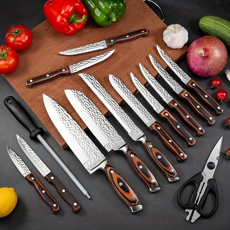 Professional Knife Sets for Kitchen, 15/20pcs Medium Carbon Stainless Steel Knives Set with Block And Sharpener, Ultra-Sharp Hammered Knife Set with Wooden Handle, Kitchen Gadgets, Knives for Men, Dishwasher Safe, for Family Gift, Local Warehouse