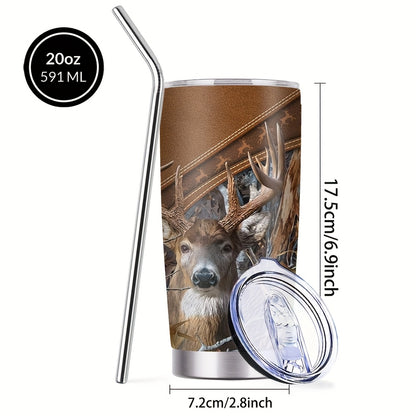 Forest Hunting Design Coffee Mugs, Stainless Steel Insulated Tumbler with Lid And Straw, Beverage Container & Travel Cup for Hot & Cold Drinks, 20oz Camping Drinkware, Ideal Gift for Men, Birthday, Holiday, Parties, Thanksgiving, Halloween, Christmas