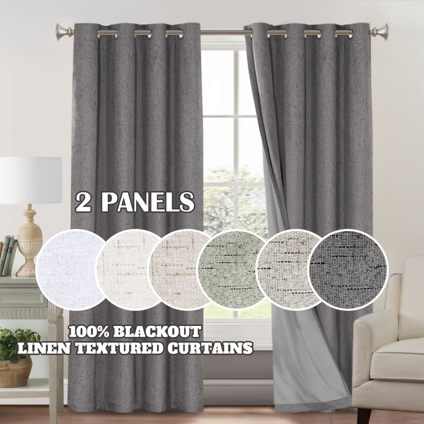2 Panels 100% Blackout Linen Textured Curtains Thermal Insulated Curtains for Winter Noise Reducing Window Drapes with Grommet for Hall Room Bedroom Living Room PRINCEDECO